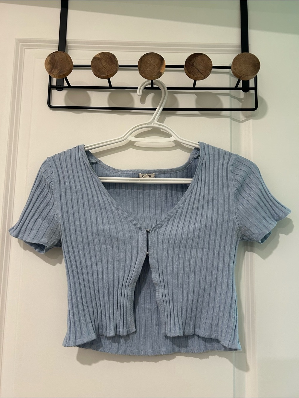 Light Blue Ribbed Short Sleeve Crop Cardigan - Women